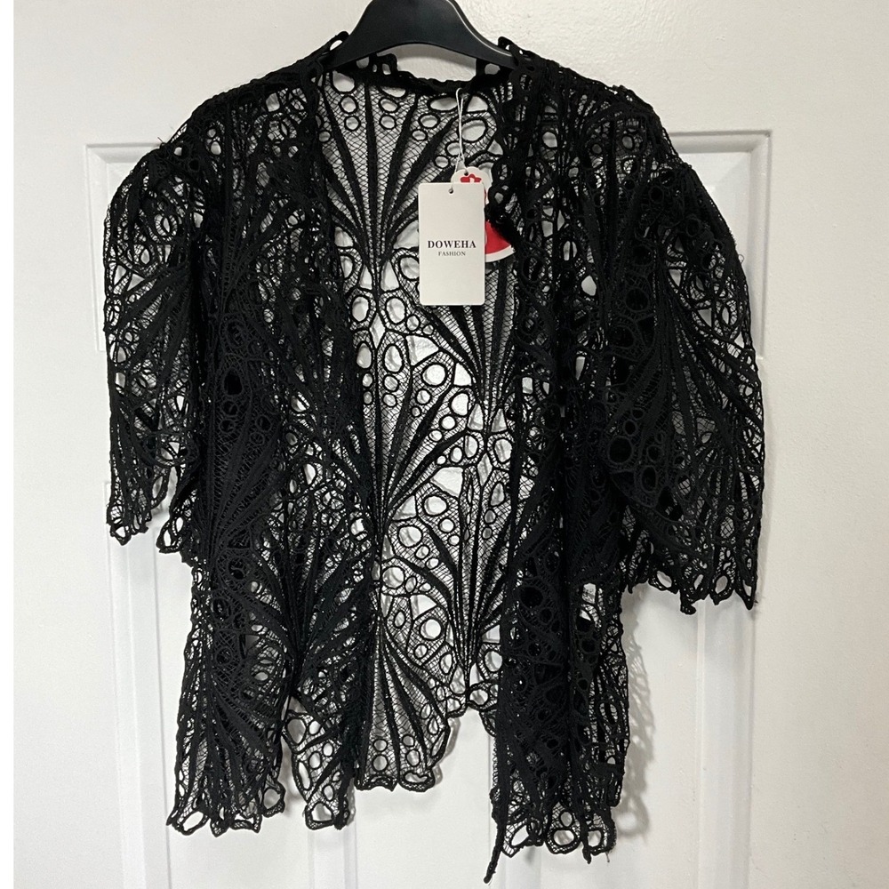 Doweha Fashion Black Guipure Lace Bolero Cardigan Shrug Open Front XXL NWT